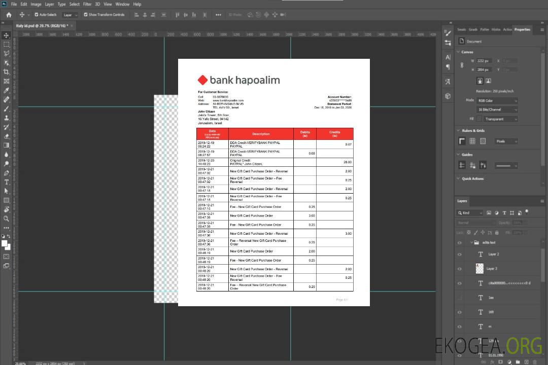 Relevé de la banque Israel Bank Hapoalim template